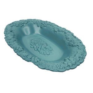 Vtg Trinket Dish Jewelry Tray Soap Blue Painted Metal High Relief Floral Ornate